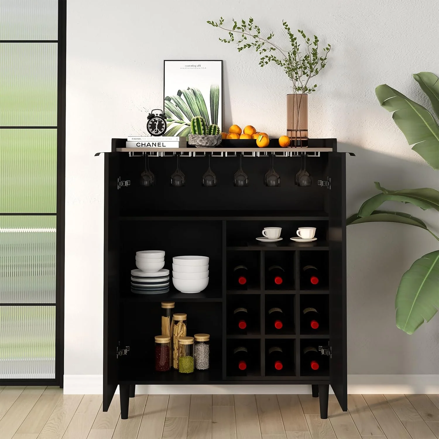 Lamerge Bar Cabinet, Black Industrial Bar Cabinet for Wine Glasses and Glasses, 37 Inch with Removable Wine Rack for Kitchen, Living Room Black