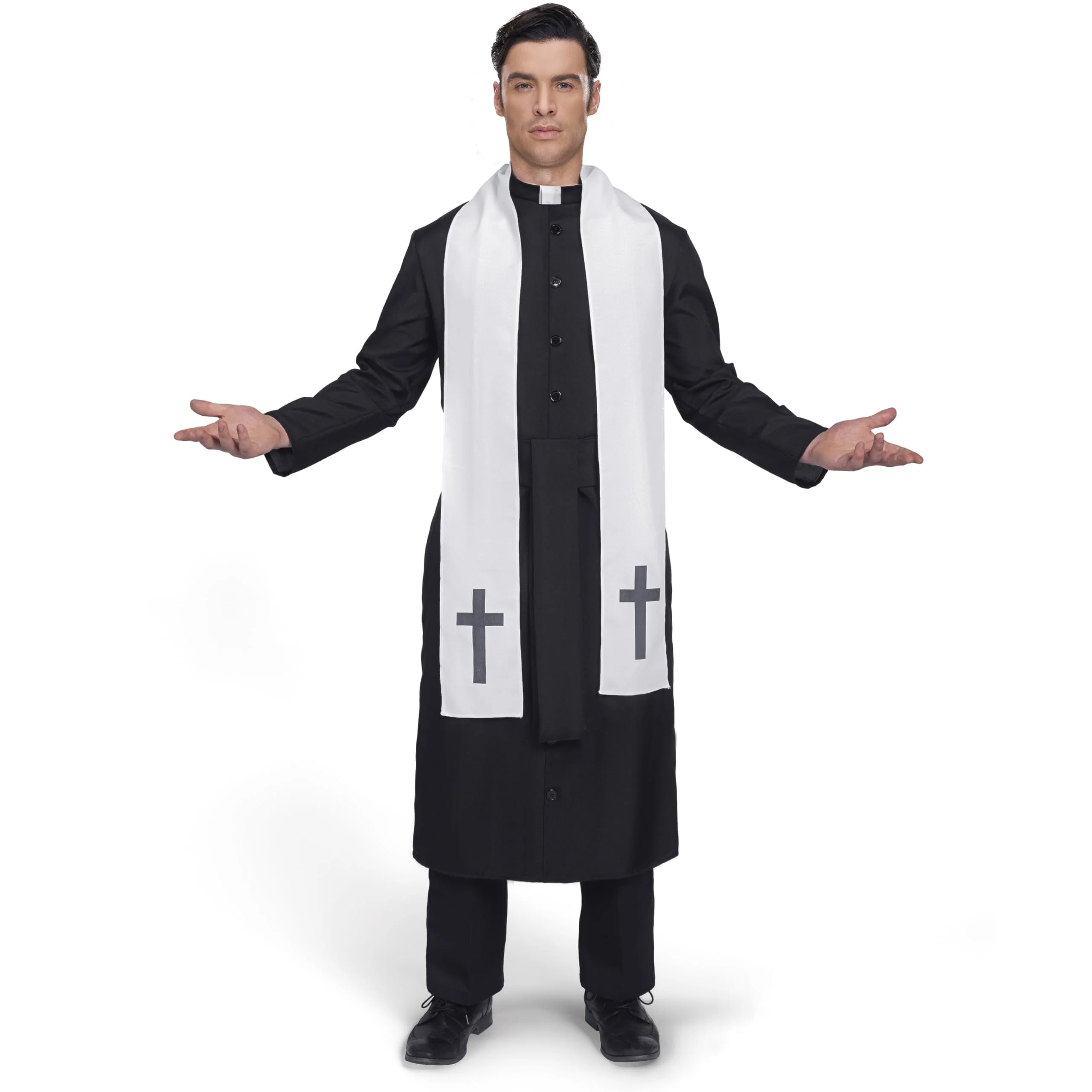 Joyfy Men's Priest Costume Black Priest Father Robe Stole for Halloween Party Dress up Cosplay - Image 3 Joyfy Men's Priest Costume Black Priest Father Robe Stole for Halloween Party Dress up Cosplay - Image 3