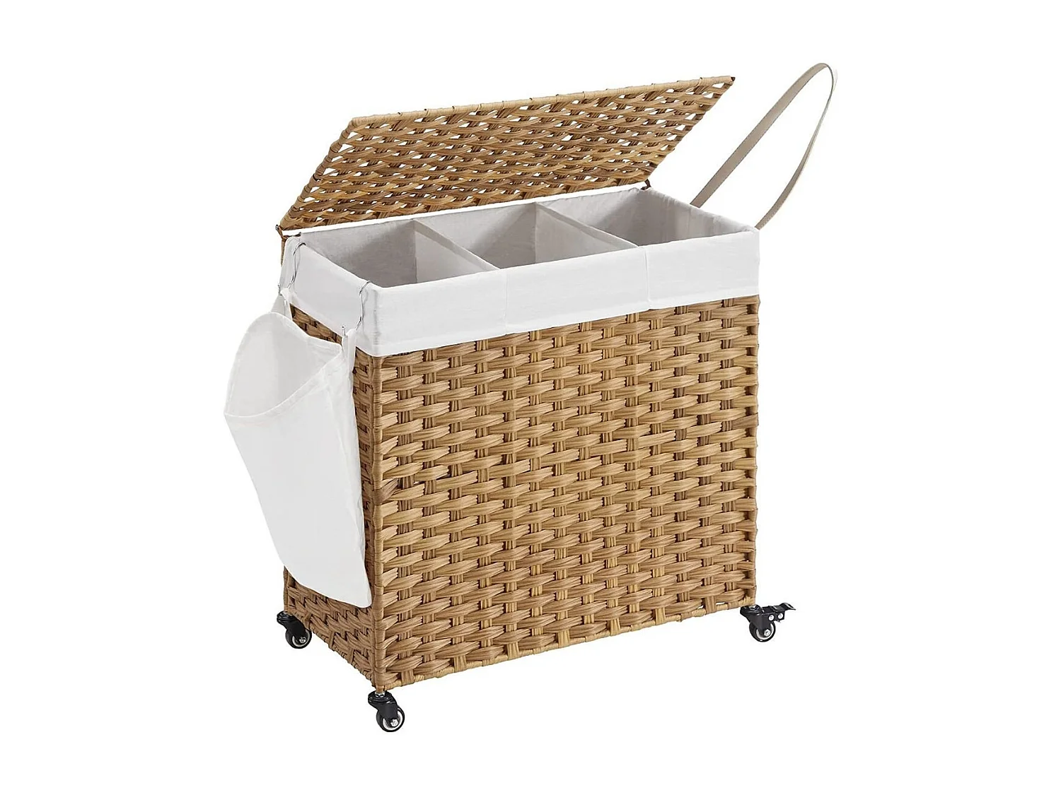 Panier à Linge 3 Compartiments sur Roulettes Imitation Jonc Naturel