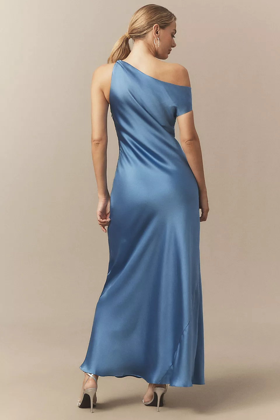 Off-The-Shoulder High-Shine Satin Maxi Dress - Blue