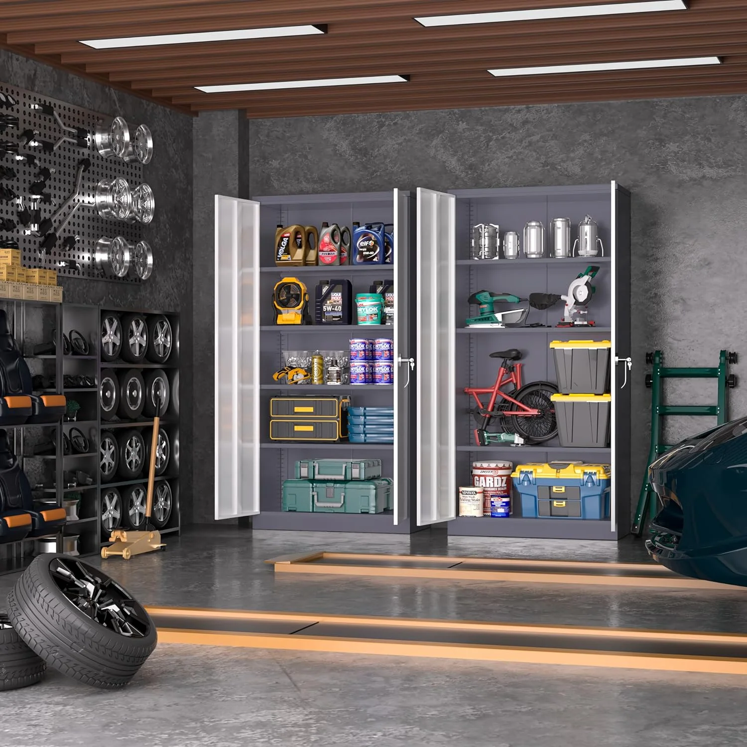 SUNCROWN Garage Storage Cabinets with Doors and Shelves, New Grey Steel Tool Locking Cabinet, Metal Storage Cabinet for Home Office, Warehouse, School