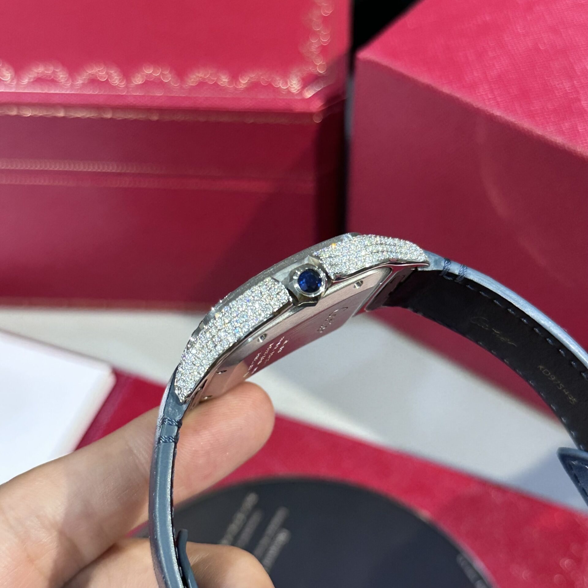 Cartier Santos Replica Watch Blue Dial Custom Moissanite Diamonds 39.8mm - Top club
