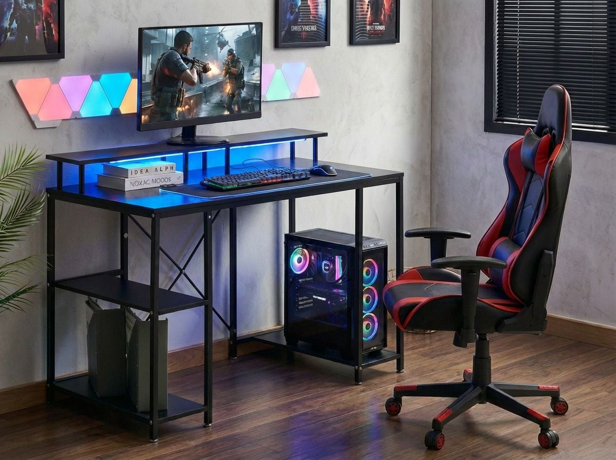 Gaming Desk CADDO Black 120 cm 60 cm with Shelves LED