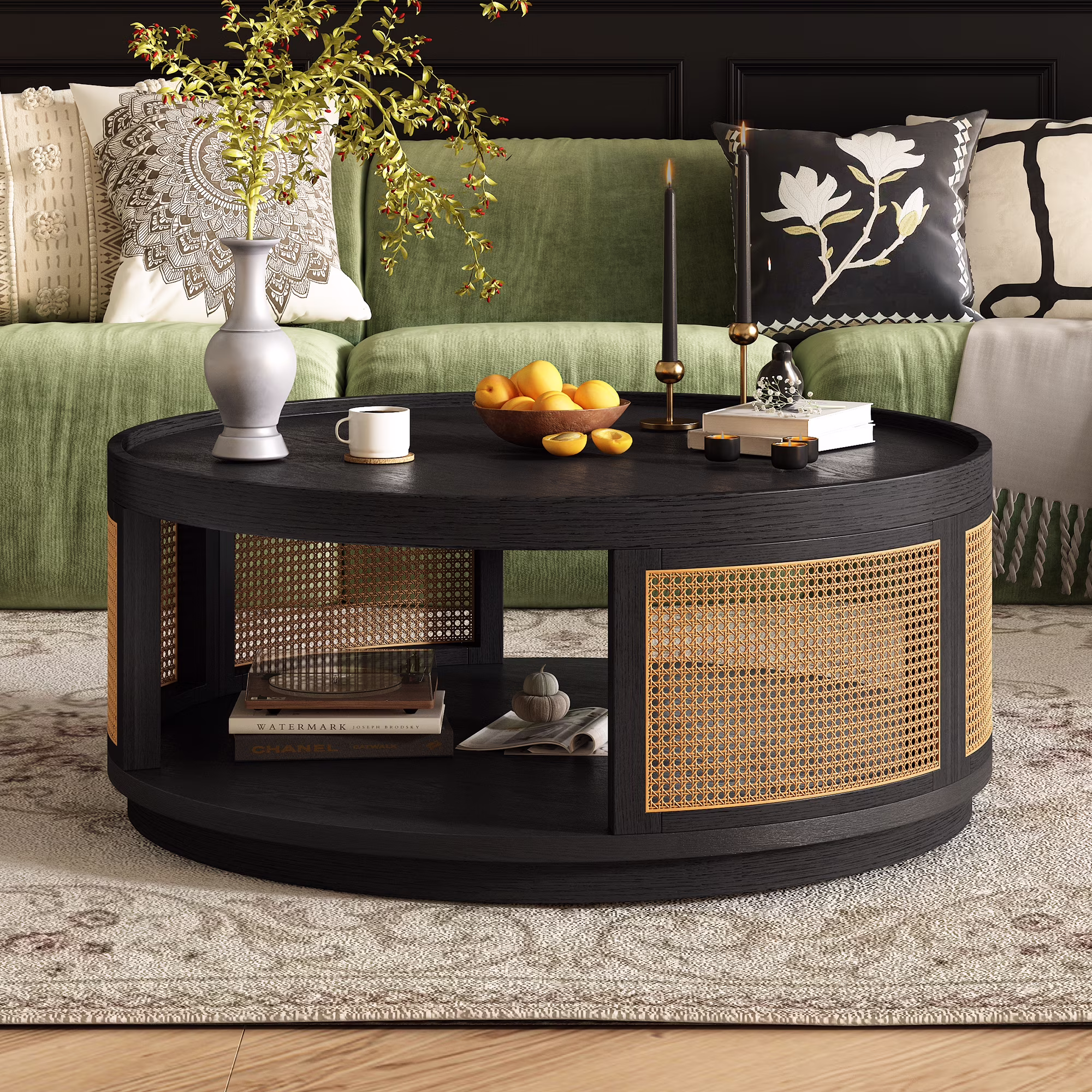Harper & Bright Designs Rattan Round Coffee Table with Storage Shelf, Round Cane Wood Center Table for Living Room, 37'' Brown - Image 3