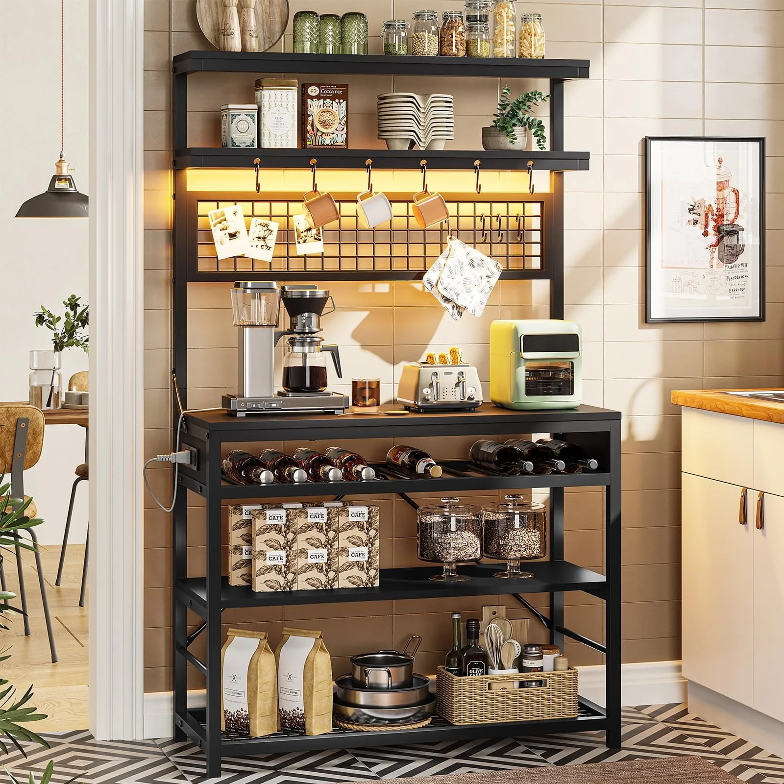 Itaar Bakers Rack with Power Outlet, 6-Tier Coffee Bar, Microwave Stand with Wine Rack, LED Lights and 10 Hooks, Bakers Racks for Kitchens with Storage, Rustic Brown