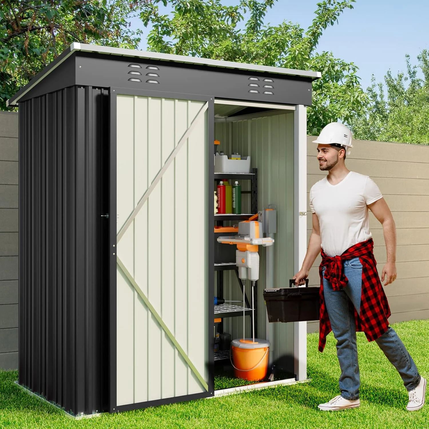 5'x3' Outdoor Storage Shed, Lofka Metal Storage Tool Shed with Single Lockable Door, for Bike| Garden Tools| Patio, Grey - Image 6