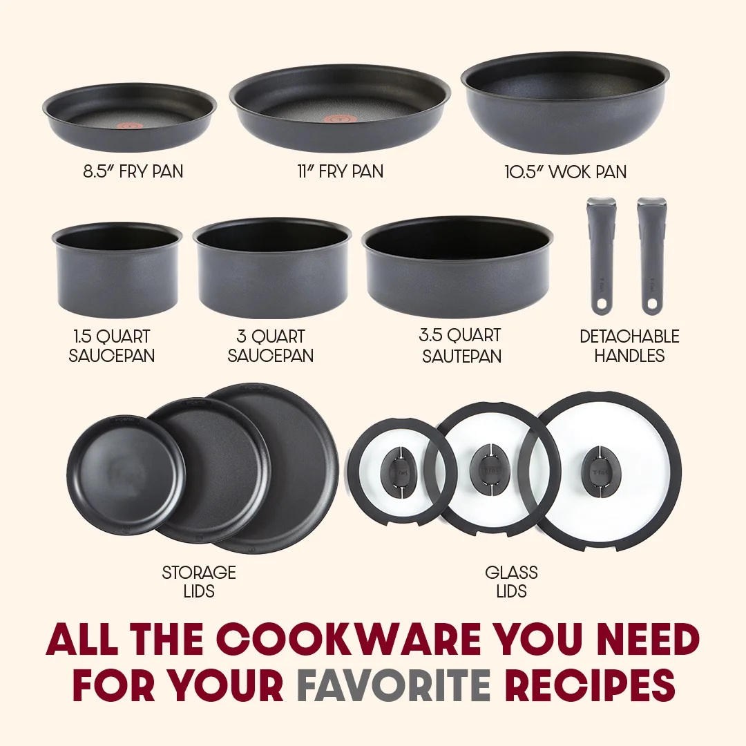 T-fal Ingenio Expertise Nonstick 14-Piece Cookware Set, Induction Oven Safe up to 500F, Detachable Handle, Onyx Black - Image 22