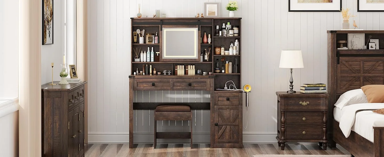 Blotout 47.2" Farmhouse Rustic Makeup Vanity Desk with Sliding Mirror and Lights, Glass Top Vanity Set with Charging Station & 3 Drawers & 1 Cabinet & Stool, Big Vanity (White) - Image 20