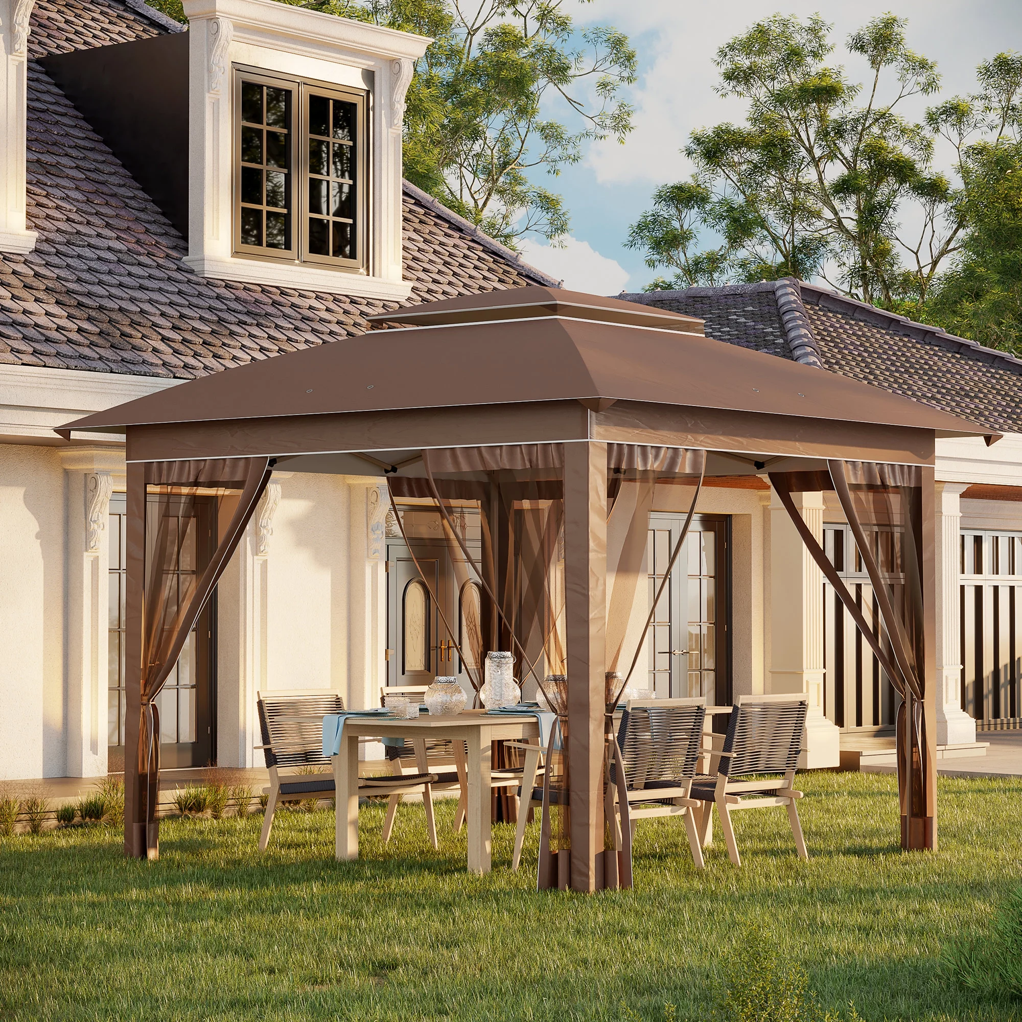 Outdoor Umbrellas Outsunny 12' x 12' Pop Up Canopy Tent with Netting and Carry Bag, Instant Sun Shelter with 137 sq.ft Shade, Tents for Parties, Height Adjustable, for Outdoor, Garden, Patio, Khaki,P
