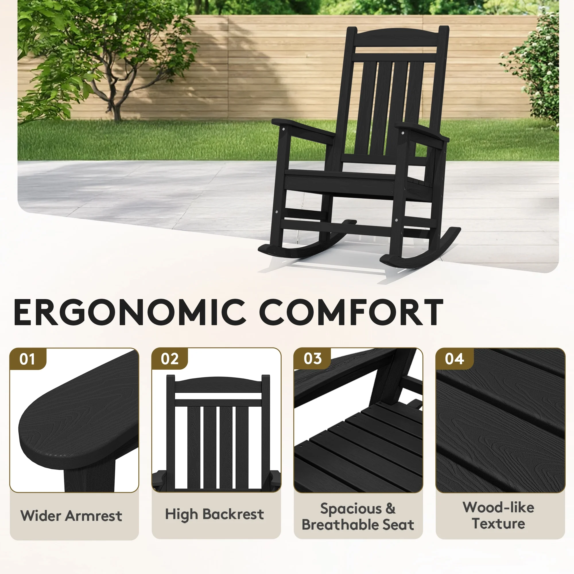 KINGYES HDPE Outdoor Rocking Chairs Set of 2,HDPE Patio Rocker for Porch,Black - Image 6