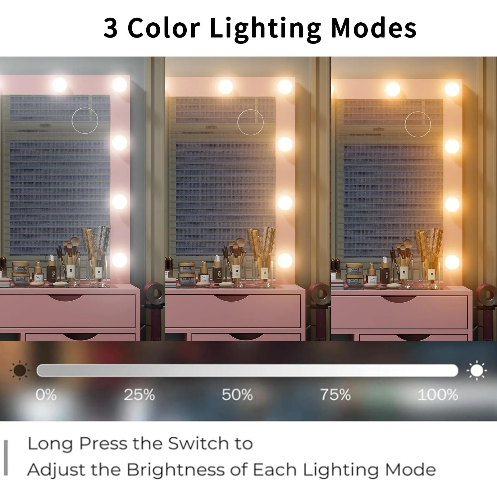Yanosaku 15 Drawers Vanity Desk with Power Outlet, Makeup Table with Mirror and 13 LED Lights, 3 Color Lighting Modes, Brightness Adjustable, Glass Top Dressing Table, Vanity Set for Bedroom - Image 13