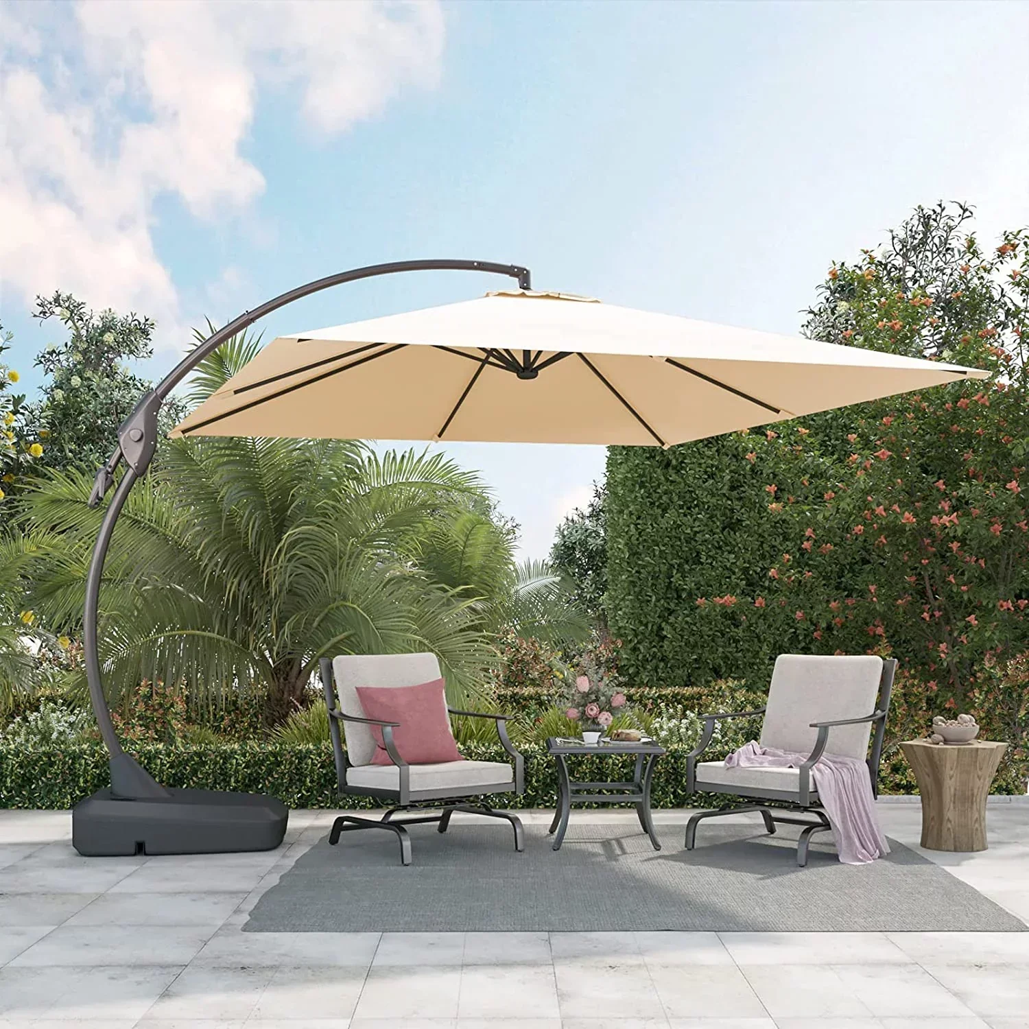 Grand Patio 10x10 ft Deluxe Aluminium Offset Umbrella With Base, Champagne - Napoli - Image 2 Grand Patio 10x10 ft Deluxe Aluminium Offset Umbrella With Base, Champagne - Napoli - Image 2