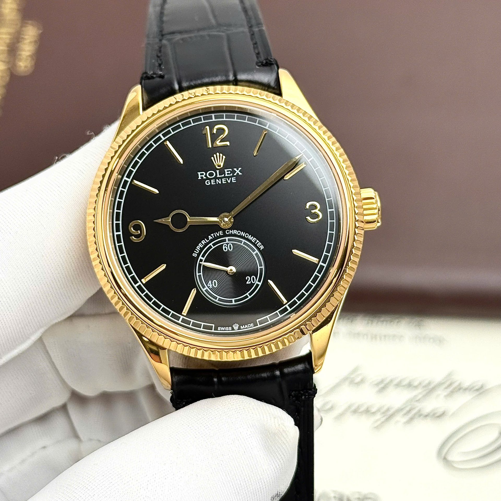 Rolex Perpetual 1908 Yellow Fake Watch Black Dial Leather Strap 39mm - Elite Watch Atelier