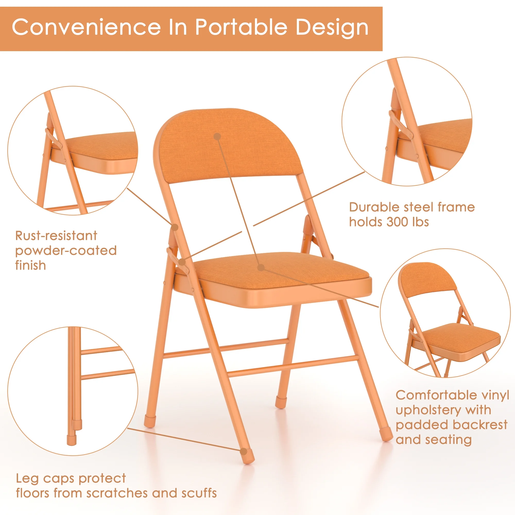 VECELO Set of 4 Folding Chairs, Fabric Dining Chair Set with Padded Cushion and Back, Indoor Outdoor Upholstered Seat with Metal Frame for Home Office Events Wedding Party, Orange - Image 4