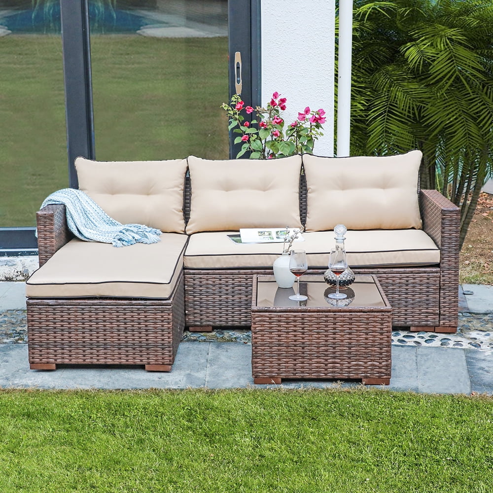 JOIVI 3 Pieces Patio Conversation Set, PE Wicker Rattan Outdoor Furniture Set, 2 Ways Small Sectional Sofa, Tempered Glass Coffee Table, Silver-Gray - Image 26