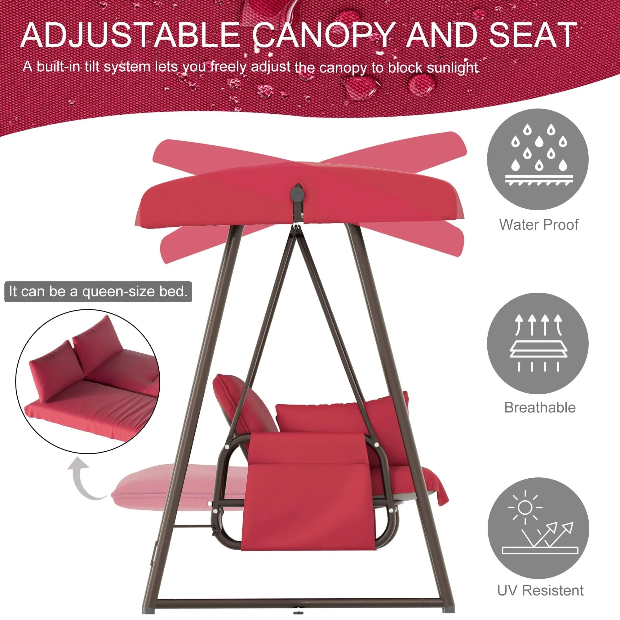 TQKVIPI 4 Person Outdoor Porch Swing Bed With Adjustable Backrest Canopy - 800 lbs Capacity - Image 16 TQKVIPI 4 Person Outdoor Porch Swing Bed With Adjustable Backrest Canopy - 800 lbs Capacity - Image 16