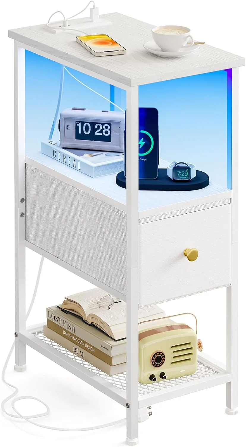 Fixwal Narrow Side Table with Charging Station and LED Light, Skinny Nightstand with 2 Fabric Drawers, Slim End Table for Bedroom, Dorm, Small Space, White - Image 5 Fixwal Narrow Side Table with Charging Station and LED Light, Skinny Nightstand with 2 Fabric Drawers, Slim End Table for Bedroom, Dorm, Small Space, White - Image 5