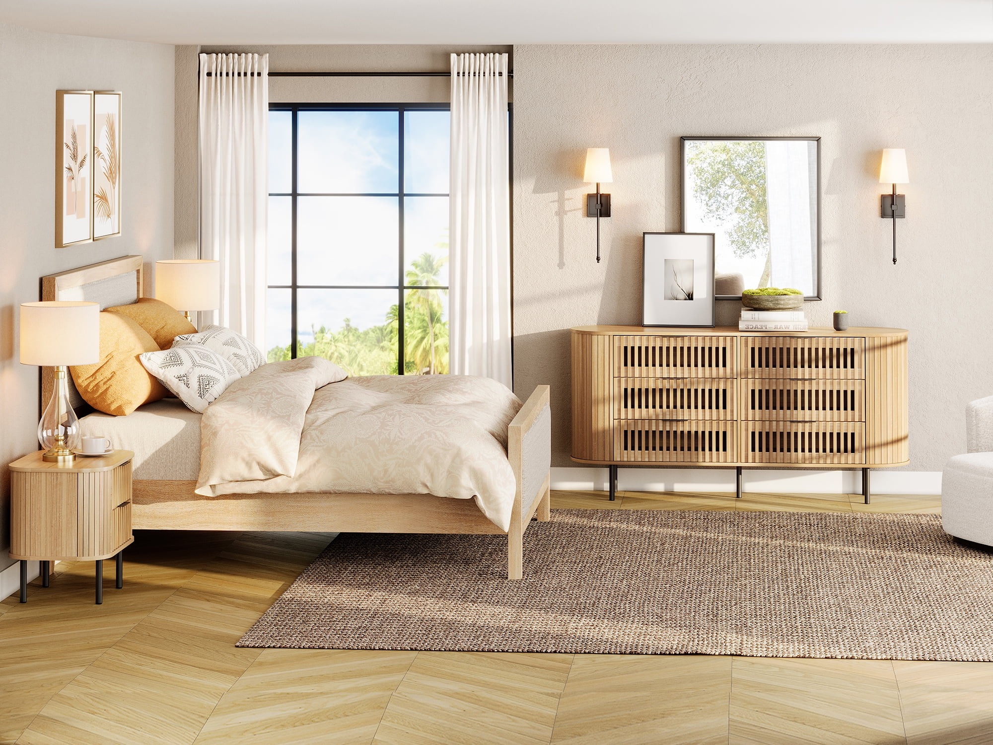 FITUEYES 3-Piece Mid-Century Modern Bedroom Set - Wood Storage Dresser with 6 Drawers, Set of 2 Fluted Nightstands with 4 Drawers, Oak