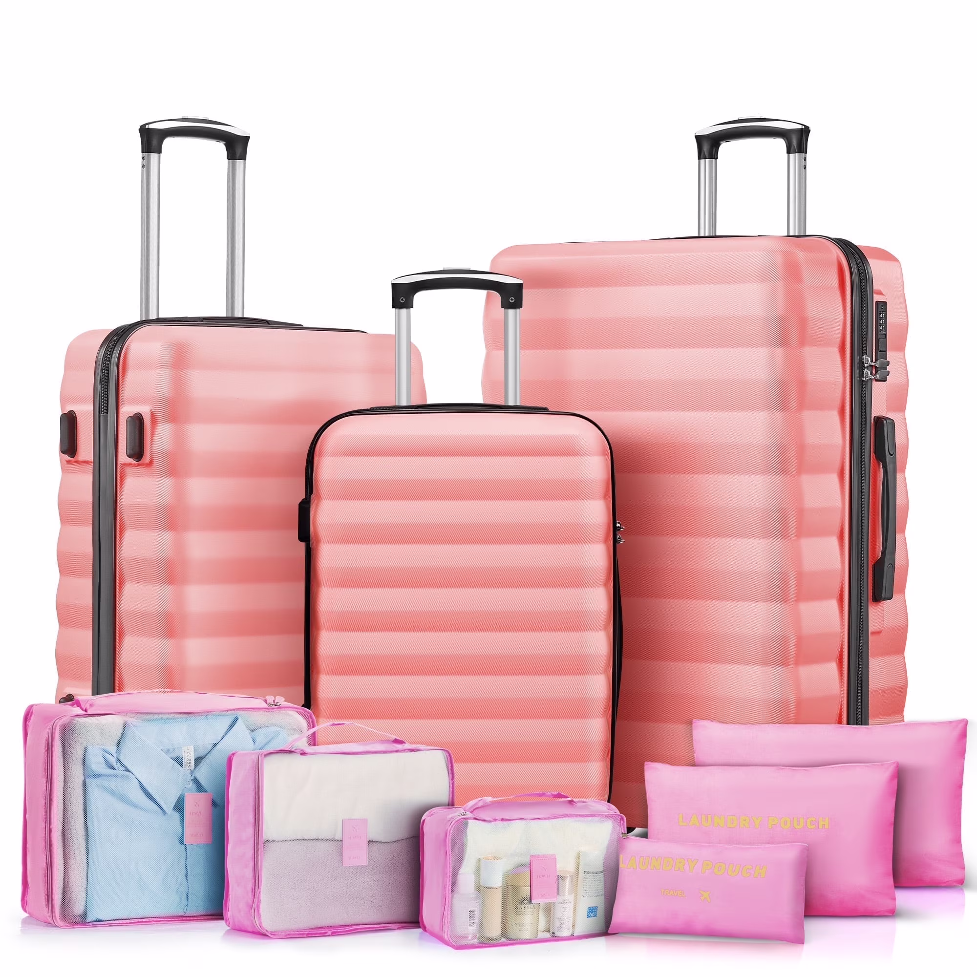 3 Piece Luggage Sets with 6 PC Organize Bags Lightweight Suitcases with Spinner Wheels, Pink