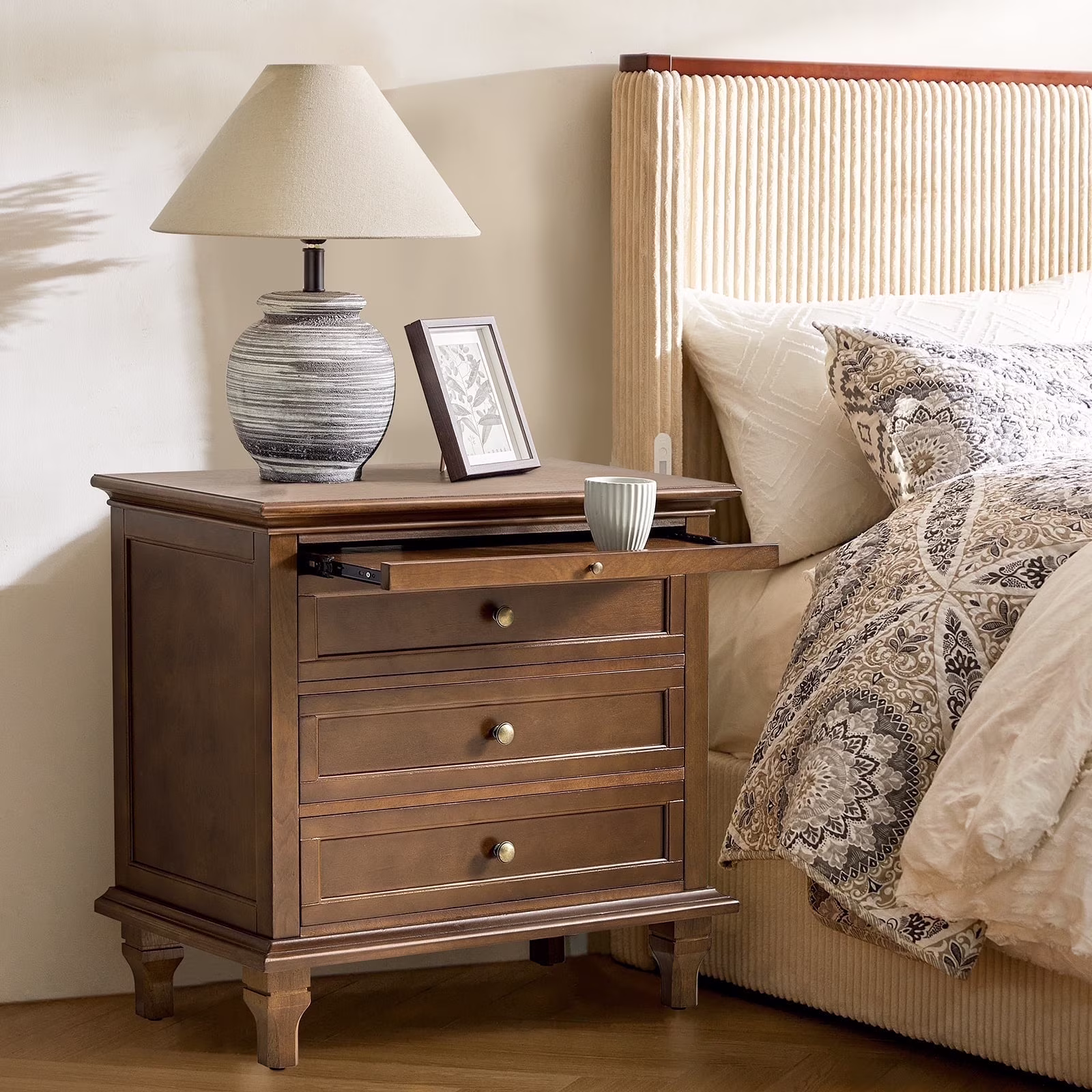 Farmhouse 3 Drawers Nightstand with Tray Bedside Table with Charging Station Acorn - Image 8
