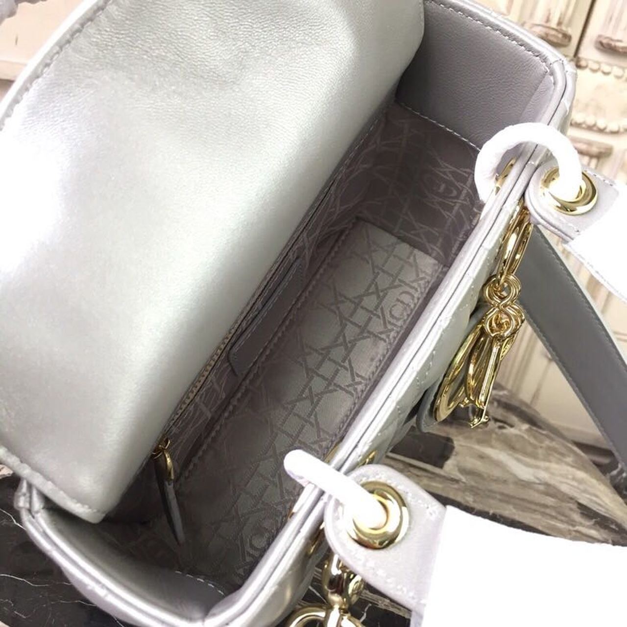 Christian Dior Small Lady Dior Bag Gold Toned Hardware Pearl Silver White For Women 8in/20cm CD1:1High-quality replica
