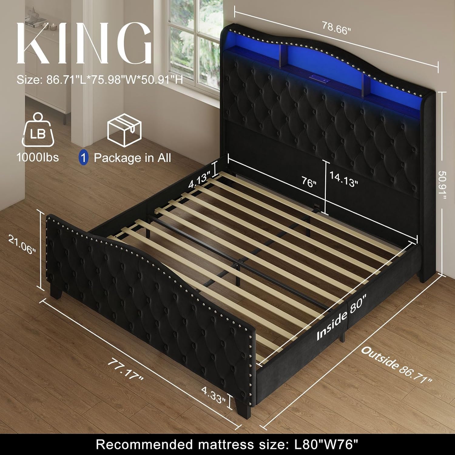 Belffin King Size Bed Frame and Headboard, 50.9