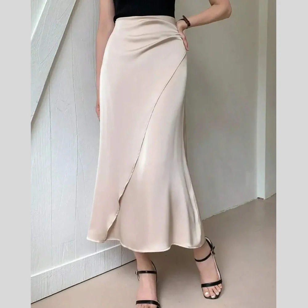 Asymmetric Wrap Midi Skirt with Fluted Hem - ZKZOOK