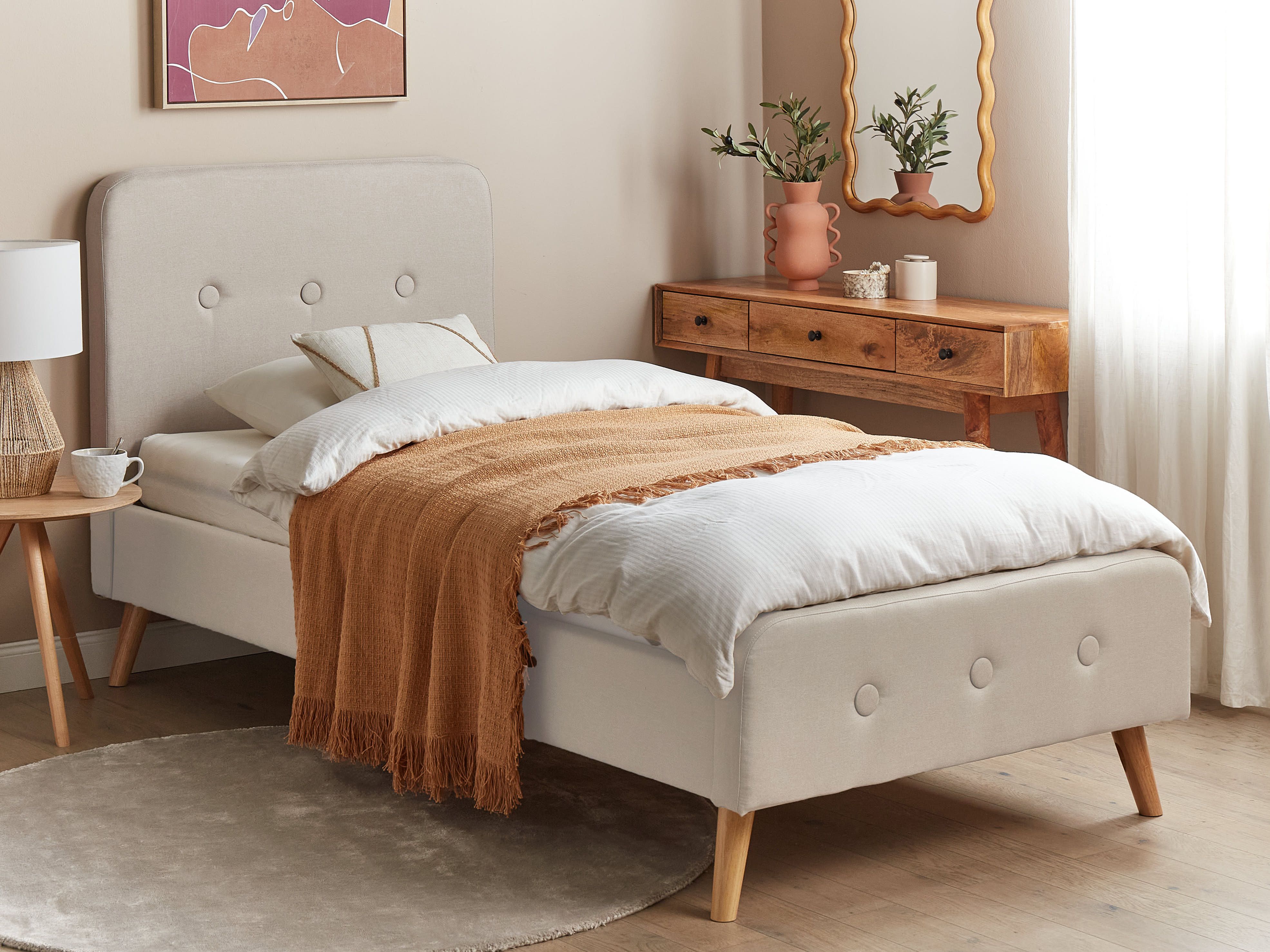 Bed Faux Linen RENNES 90 x 200 cm (EU Single) Light Beige