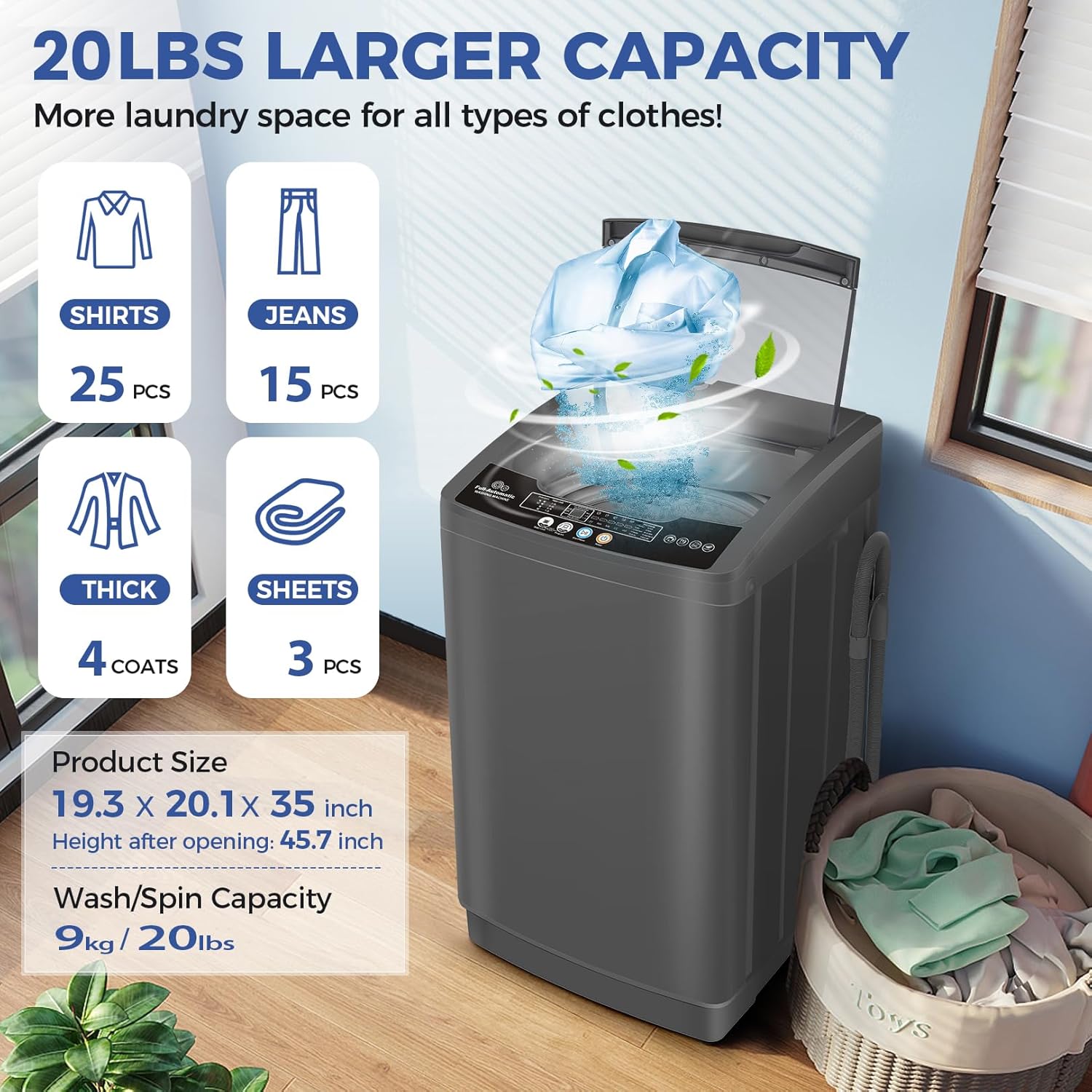 Nictemaw Portable Washing Machine, 20Lbs Capacity Full-Automatic Portable Washer, 2.8Cu.ft Washer and Dryer Combo with Drain Pump, LED Display, 10 Programs & 8 Water Levels
