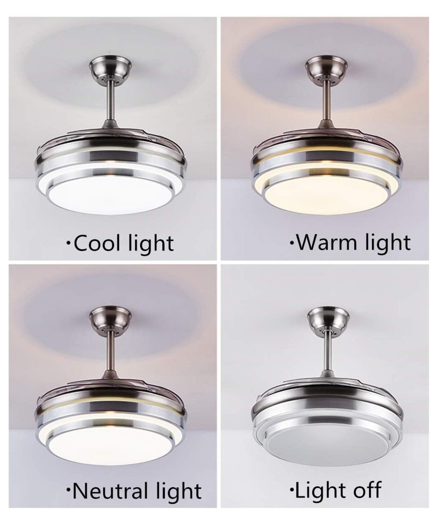 XylehR 42" Modern Ceiling Light with Fans Control, 4 Retractable Blades with 3 Light Color Change Ceiling Fan for Living Bedroom Restaurant, Silver Color with Silent Motor (42In-1 Update) - Image 4