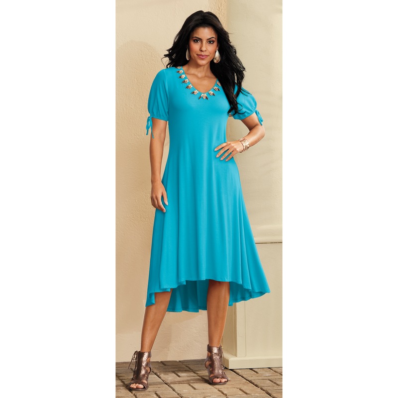 Georgine A-Line Dress with Beaded V-Neck and Puffed Sleeves - MIDNIGHT VELVET CATALOG