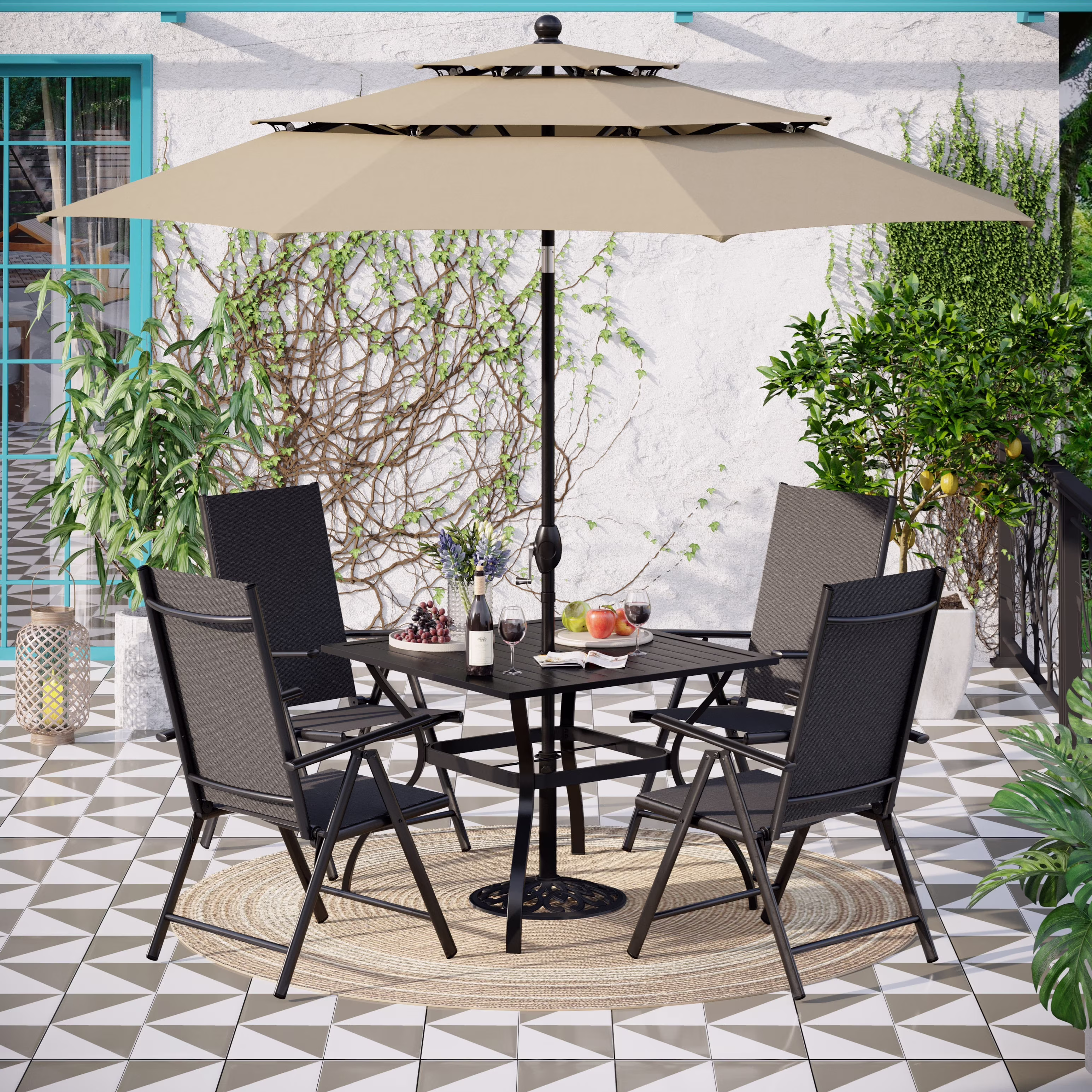 MAISON ARTS Outdoor 6-piece Patio Dining Set, 1 Square Metal table, 4 Adjustable Folding Chairs and 10ft Umbrella Red - Image 5