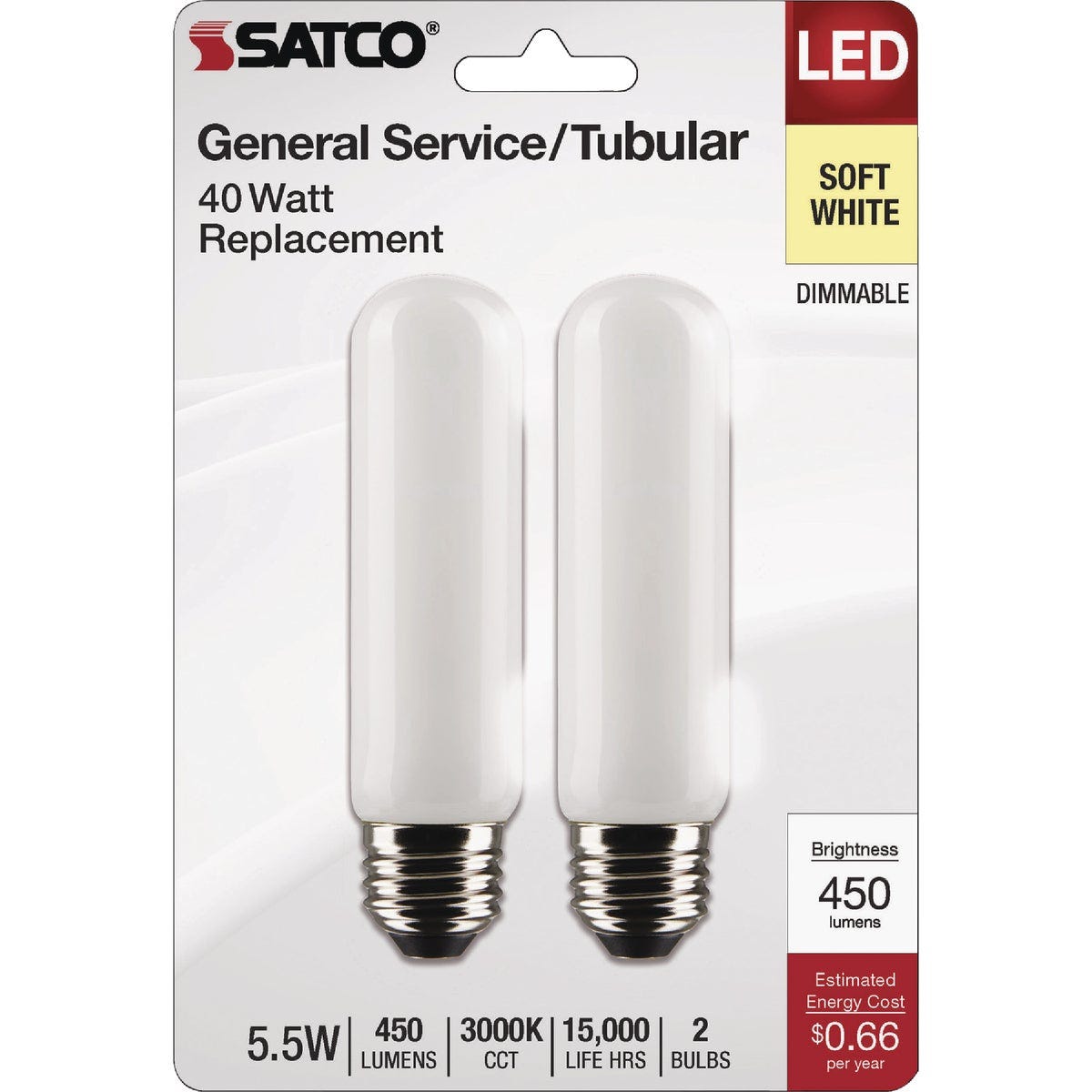 Satco 40W Equivalent T10 Medium Base 3000K Frosted LED Bulb (2-Pack)