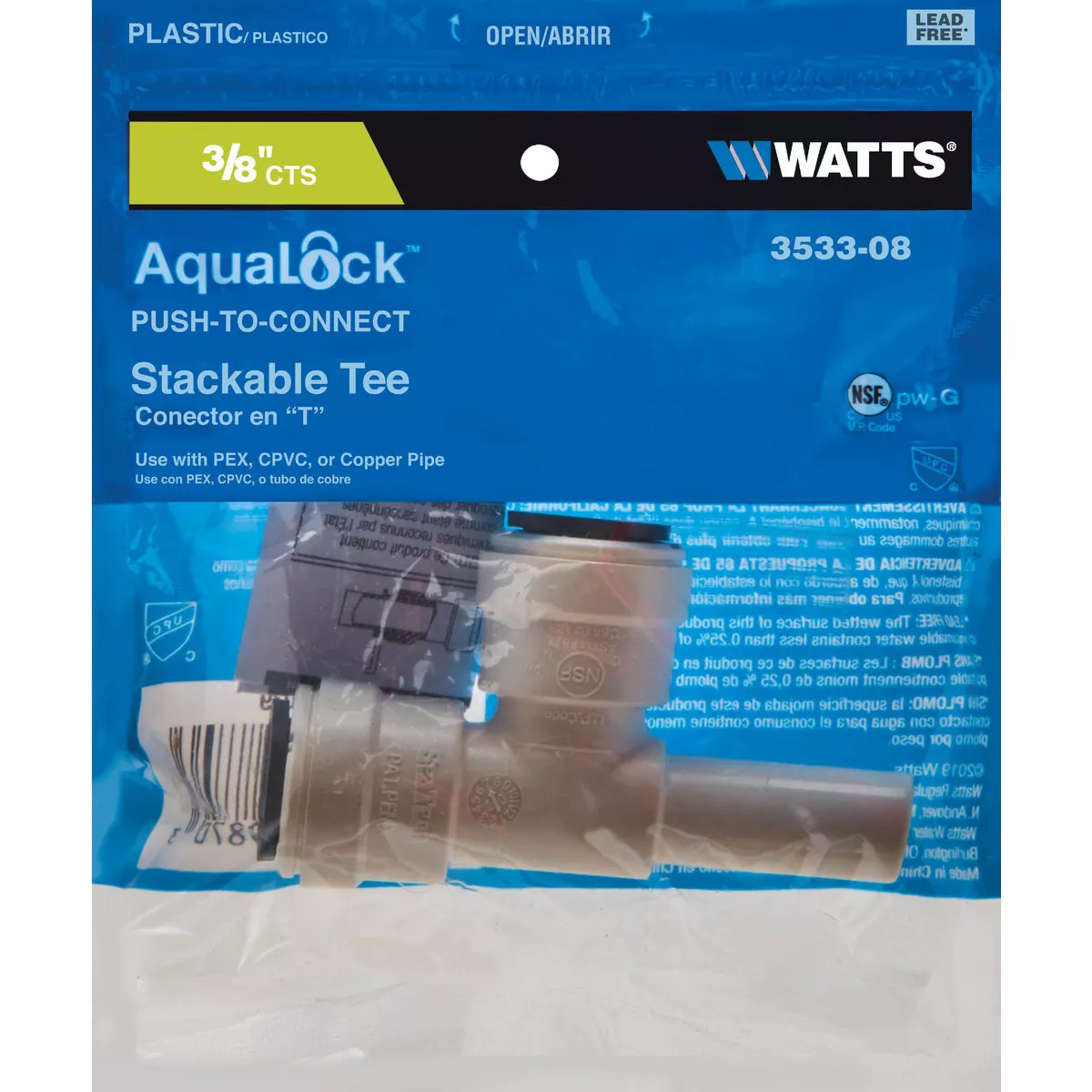 Watts 3/8 In. x 3/8 In. x 3/8 In. Stackable Quick Connect Plastic Tee