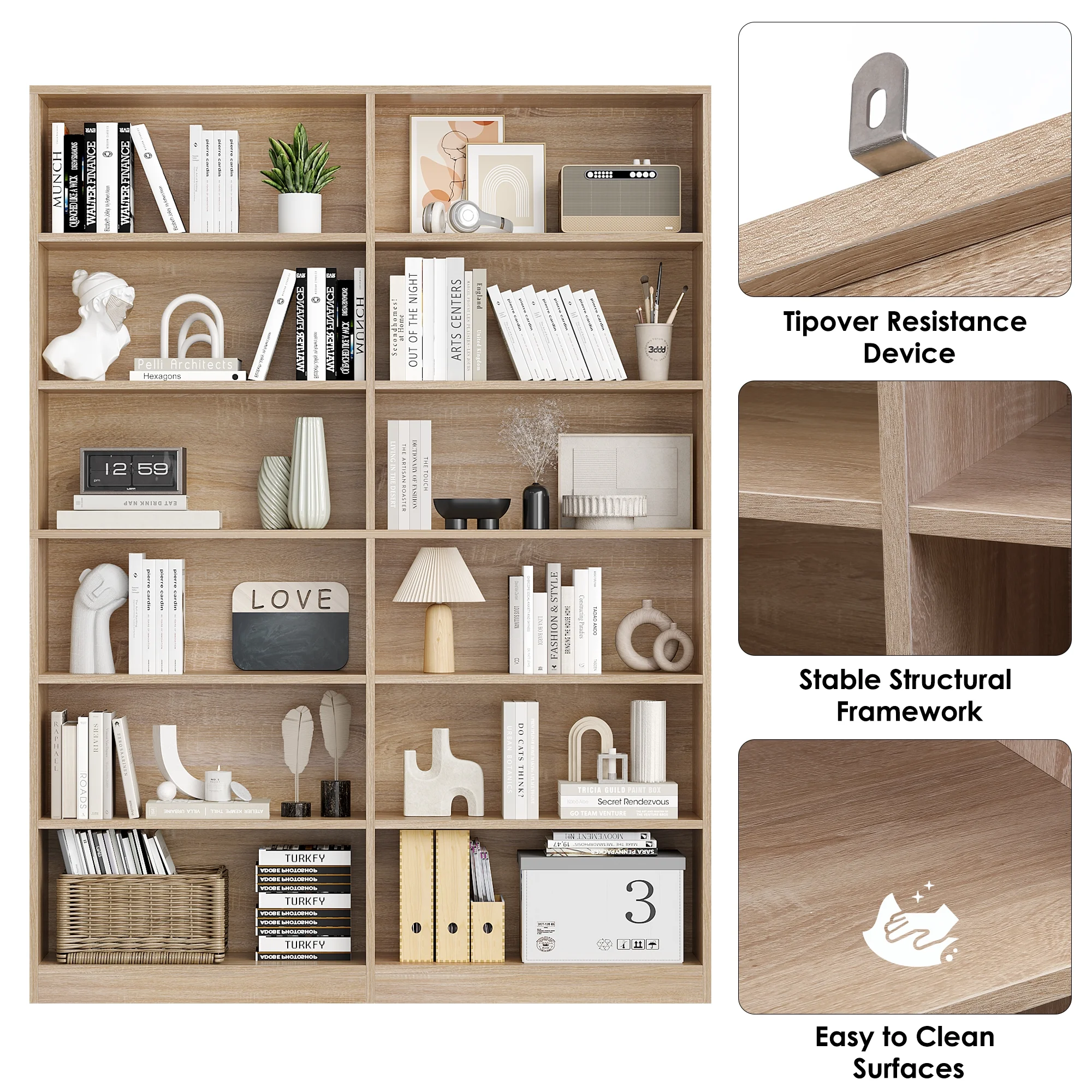 Homfa 74.3�� Double Wide 6-Tier Bookcase, Extra Large Wooden Freestanding Display Bookshelf for Home Office Living Room, White - Image 15