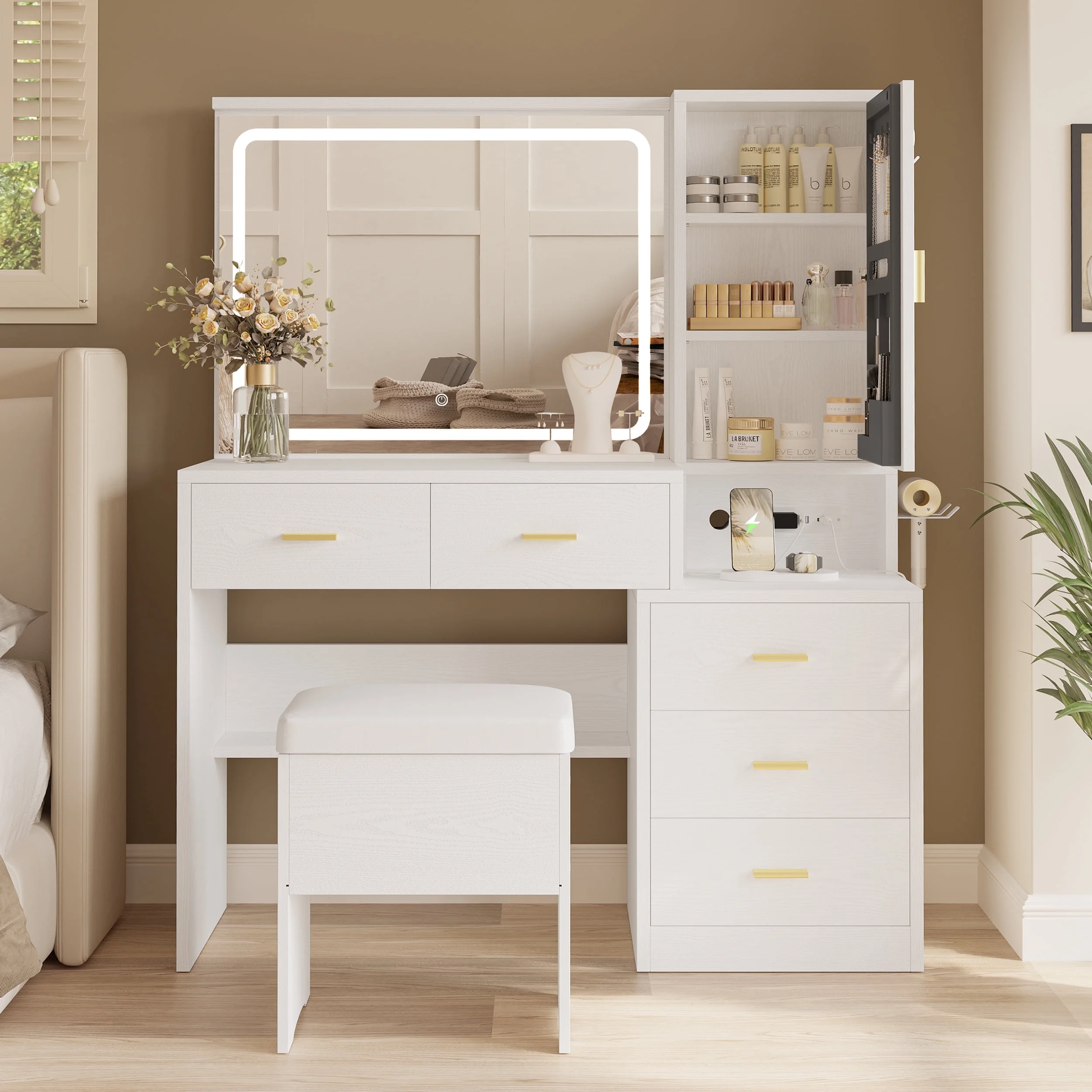 IRONCK Makeup Table Vanity Desk Set with Lighted Mirror, Charging Station, Storage Cabinet and 5 Drawers