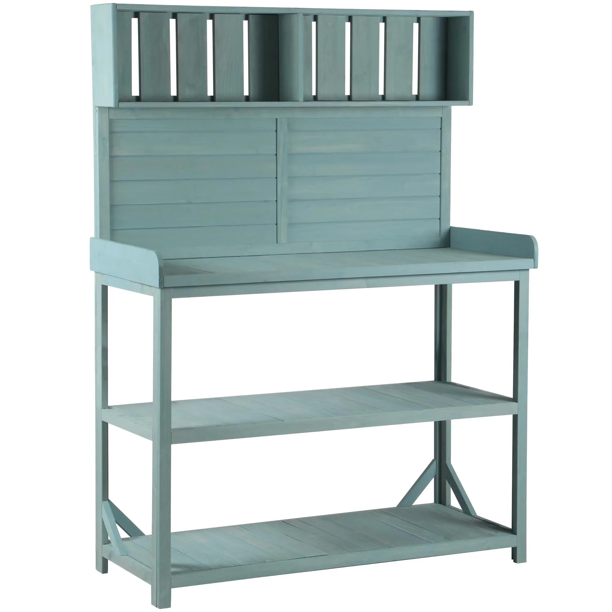 Wooden Outdoor Potting Bench Table With 4 Storage Shelves, Side Hook And Green Finish Wooden Outdoor Potting Bench Table With 4 Storage Shelves, Side Hook And Green Finish