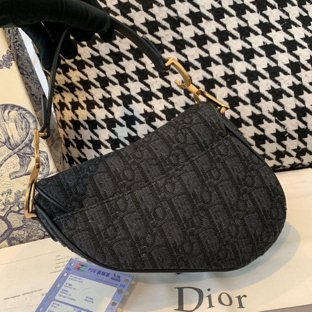 Christian Dior Saddle Bag Black Oblique Embroidered Canvas Gold Toned Hardware For Women 19.5cm/7.6in CD1:1High-quality replica