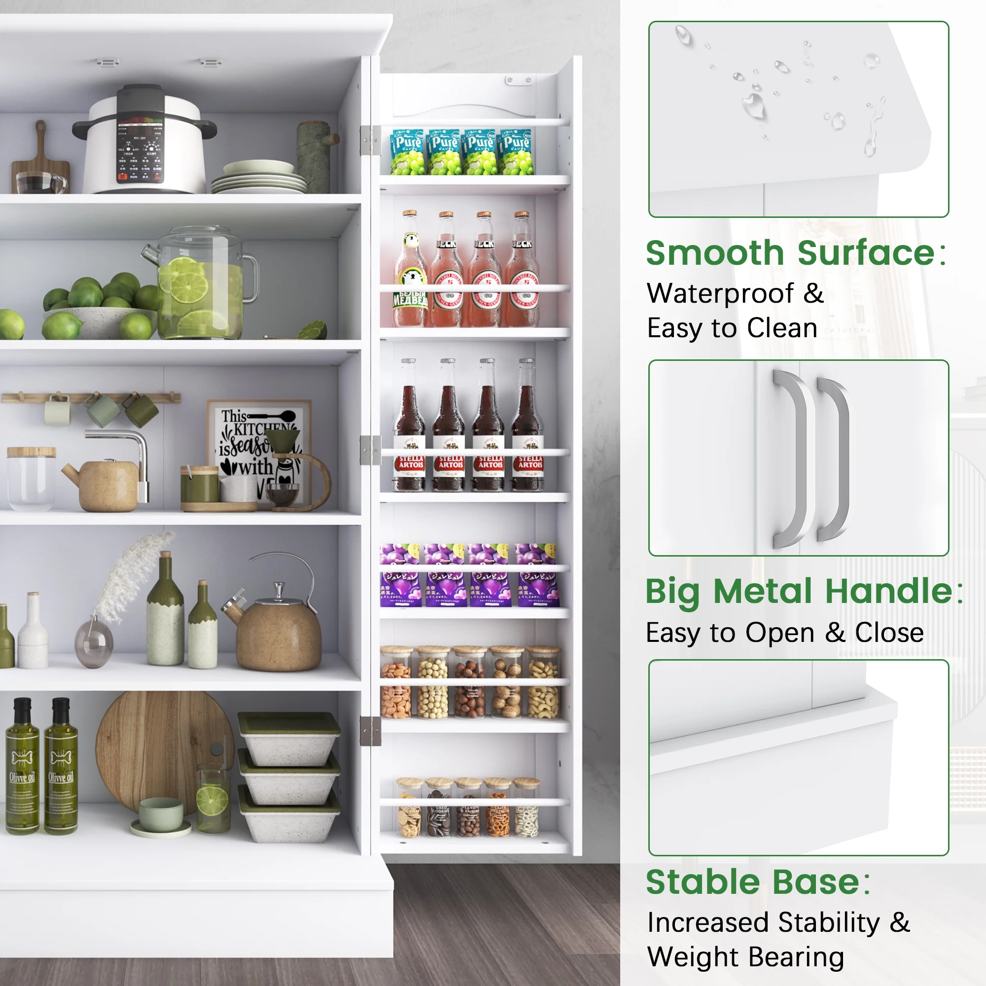 47 Kitchen Pantry Cabinet, White Buffet Cupboards Sideboard with Doors & Adjustable Shelves, Kitchen - Image 5