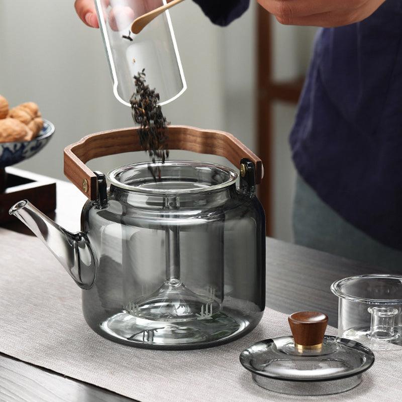 Glazen Theepot met Houten Deksel en Filter – 1,2 Liter Rookglas en Hout voor Een Elegante Thee-ervaring