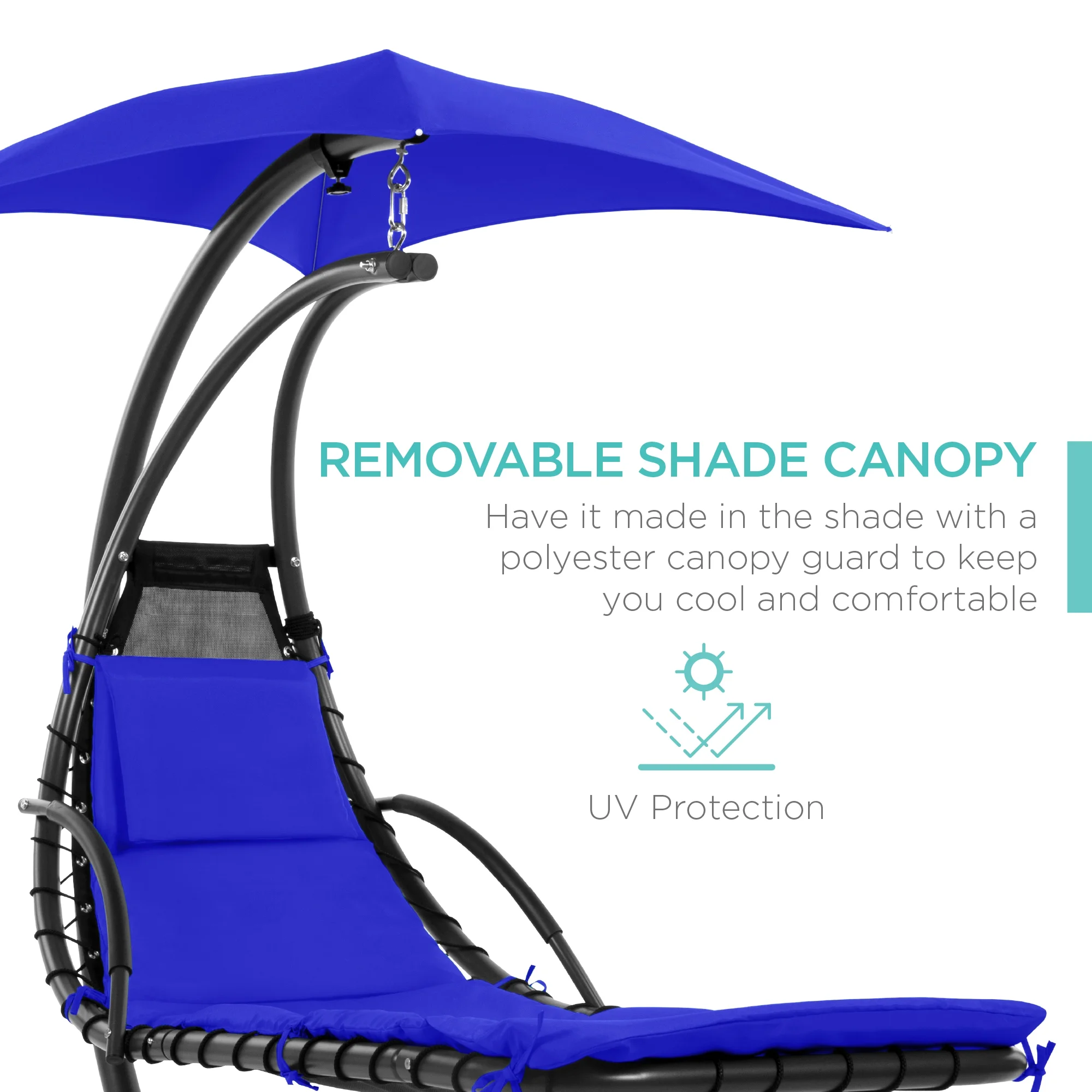 Best Choice Products Hanging Curved Chaise Lounge Chair Swing for Backyard, Patio w/ Pillow, Shade, Stand - Teal - Image 64