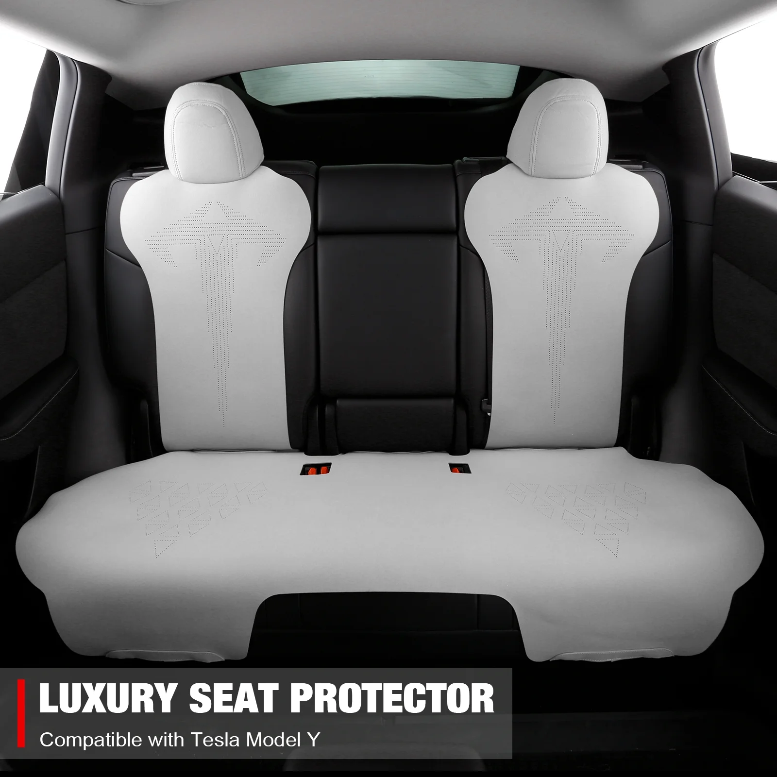 Ikon Motorsports Seat Cover Cushions Compatible With 2020-2024 Tesla Model Y 4-Door, V1 Style White Suede Leather 1st 2nd Row 5-Seat Seat Cover Cushion Protectors