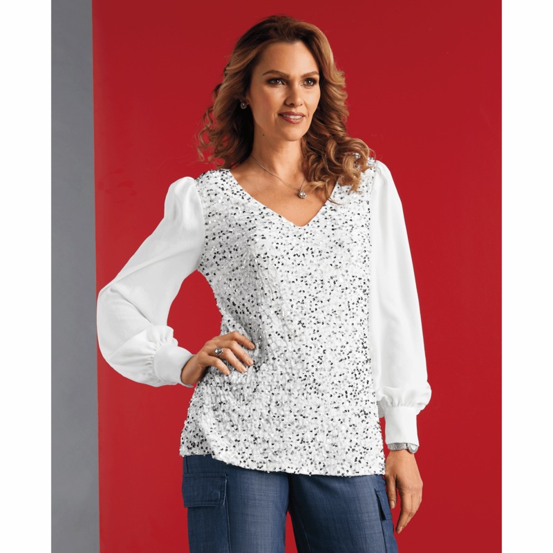 Ali That Glitters Women's Velour Top with Sequins and Balloon Sleeves - MIDNIGHT VELVET CATALOG