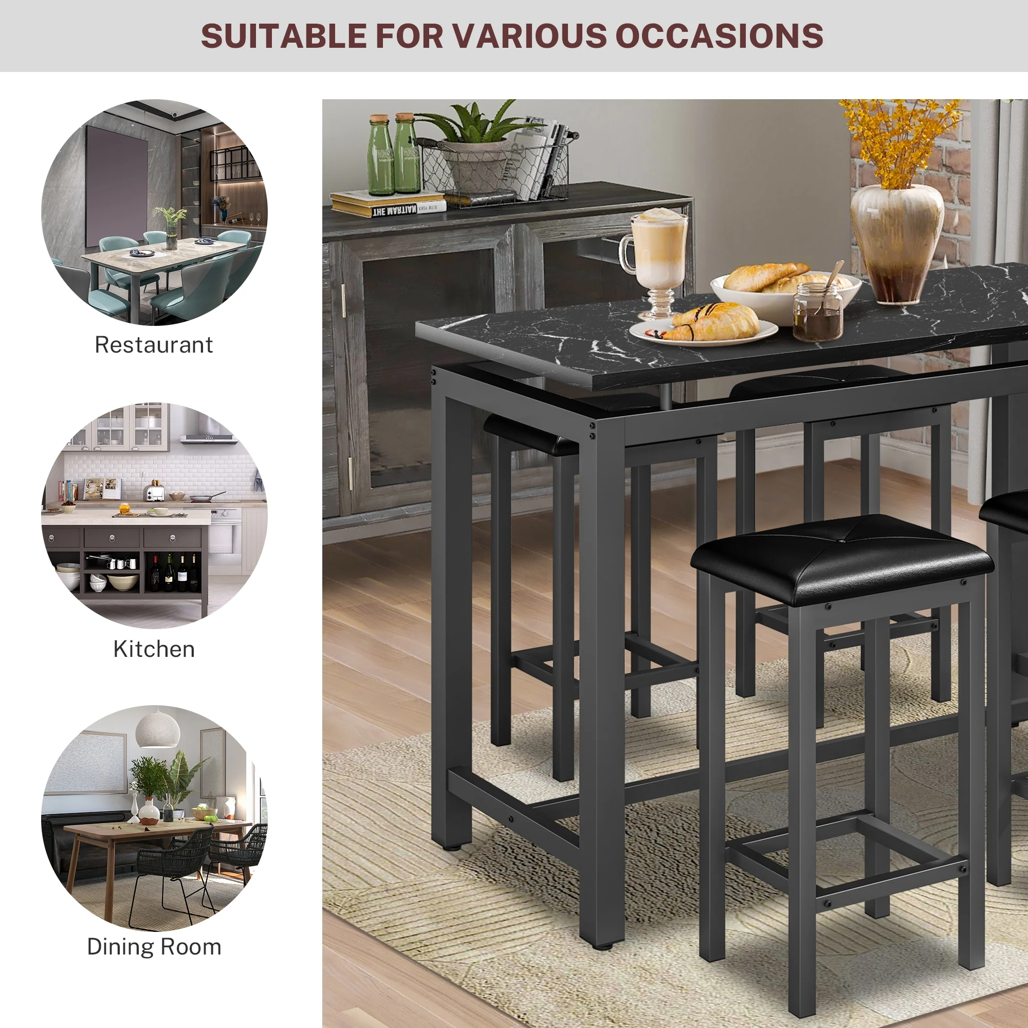 5 Piece Dining Set, Modern Dining Table and Chairs Set for 4, Counter Height Bar Table Set, Modern Pub Table with 4 Velvet Fabric Cushioned Stools, Faux Marble Dining Table & Stools Set, D9297 - Image 27