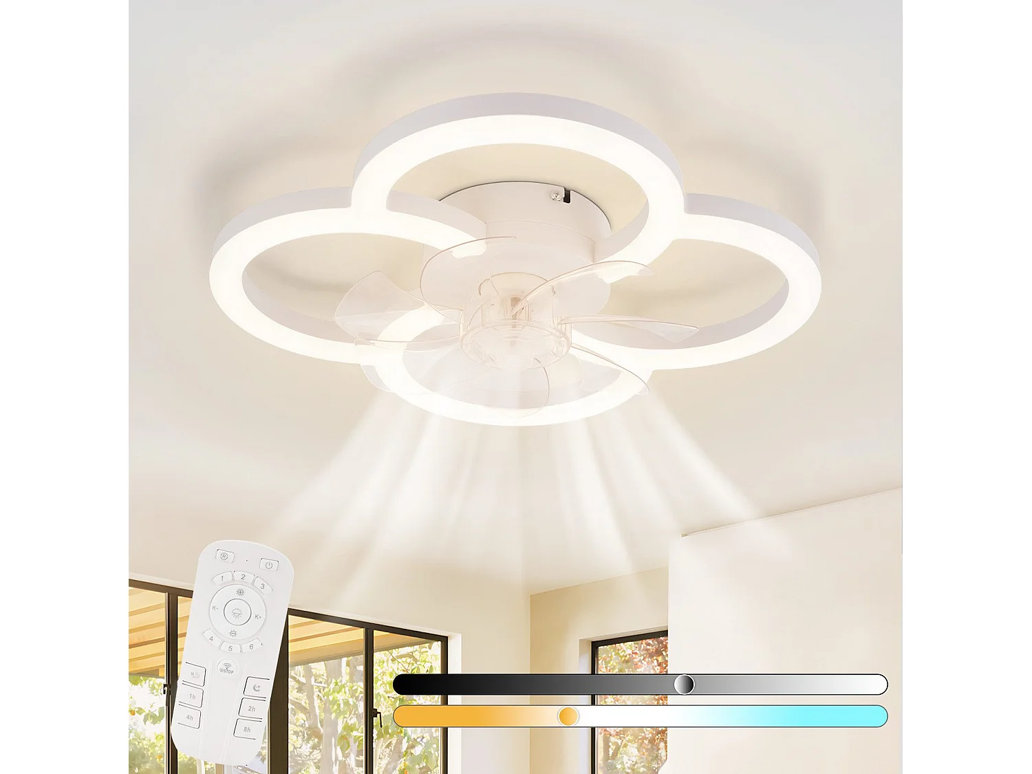 Ventilateur de plafond LED NETTLIFE avec éclairage silencieux et télécommande, plafonnier à intensité variable, minuterie à 6 vitesses, blanc
