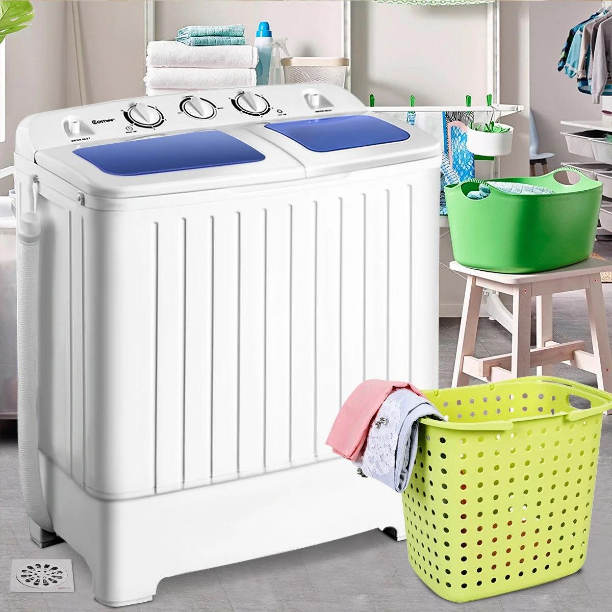Costway 17.6 lb Portable Mini Compact Twin Tub Washing Machine Washer Spin Dryer - Image 2
