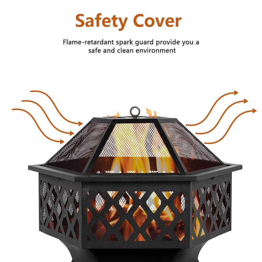 Outdoor Wood Burning Fire Pit, 24" Hexagon Metal Fire Pit for Patio with Poker, Spark Screen, Hex Shaped Fire Pit BBQ Grill, Garden Firepit Stove for Camping Picnic Bonfire Backyard, JA2419 - Image 2