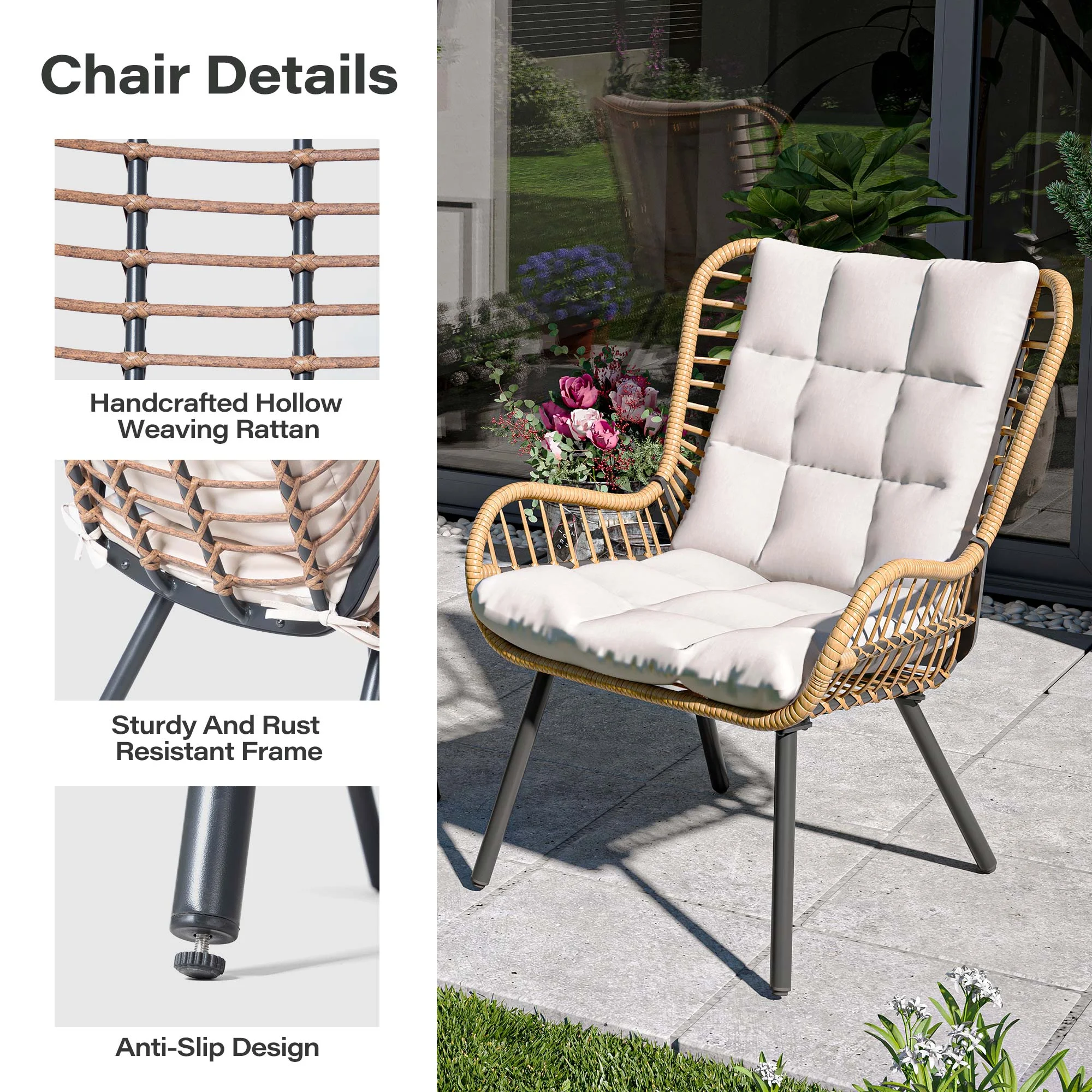 LAUSAINT HOME 3-Piece Patio Furniture Set, High Back Outdoor Bistro with Coffee Table & Beige Cushions for Garden or Deck