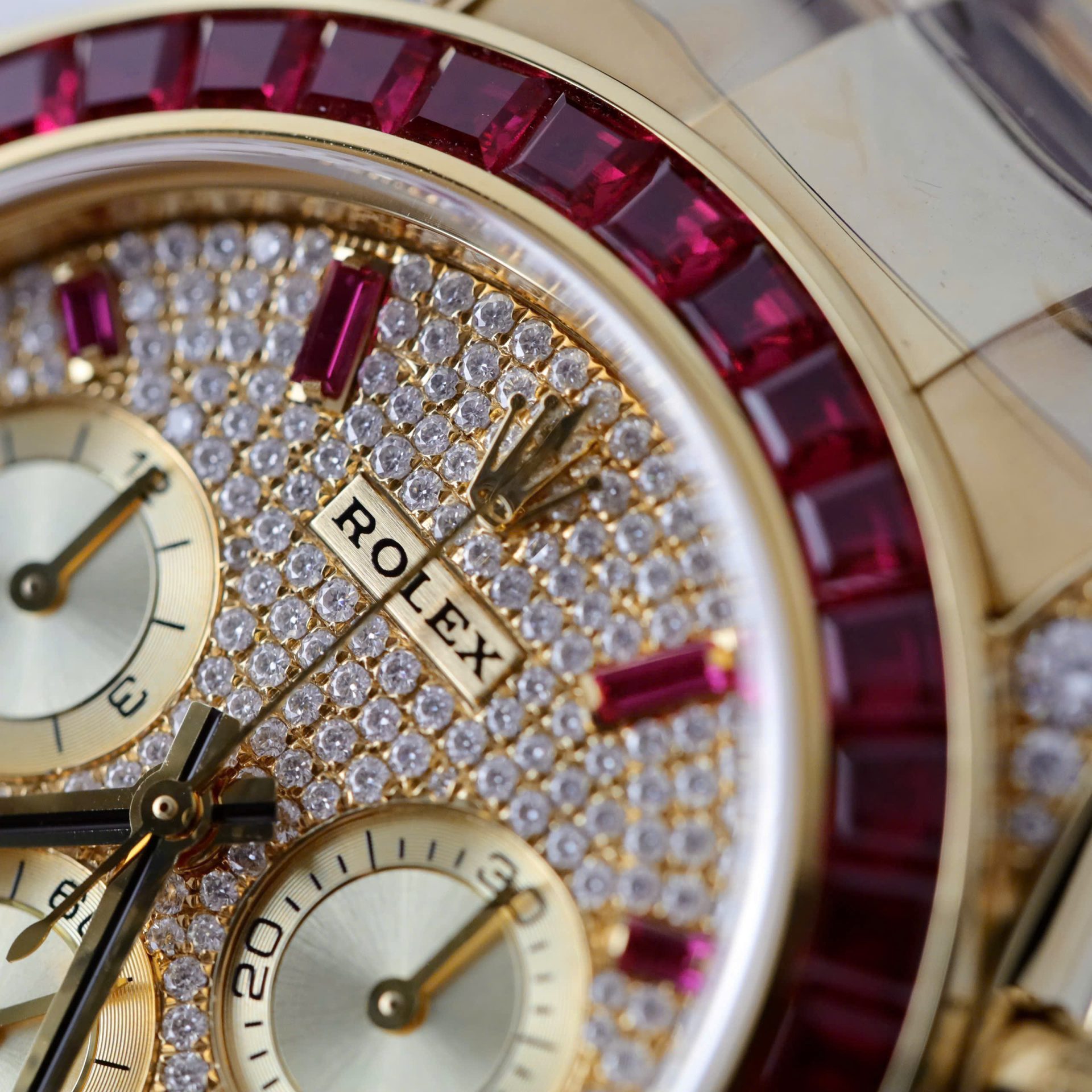 Rolex Daytona 126598TRU Replica Watches Custom Gold Wrapped + Ruby + Diamonds Moissanite 40mm - Elite Watch Atelier