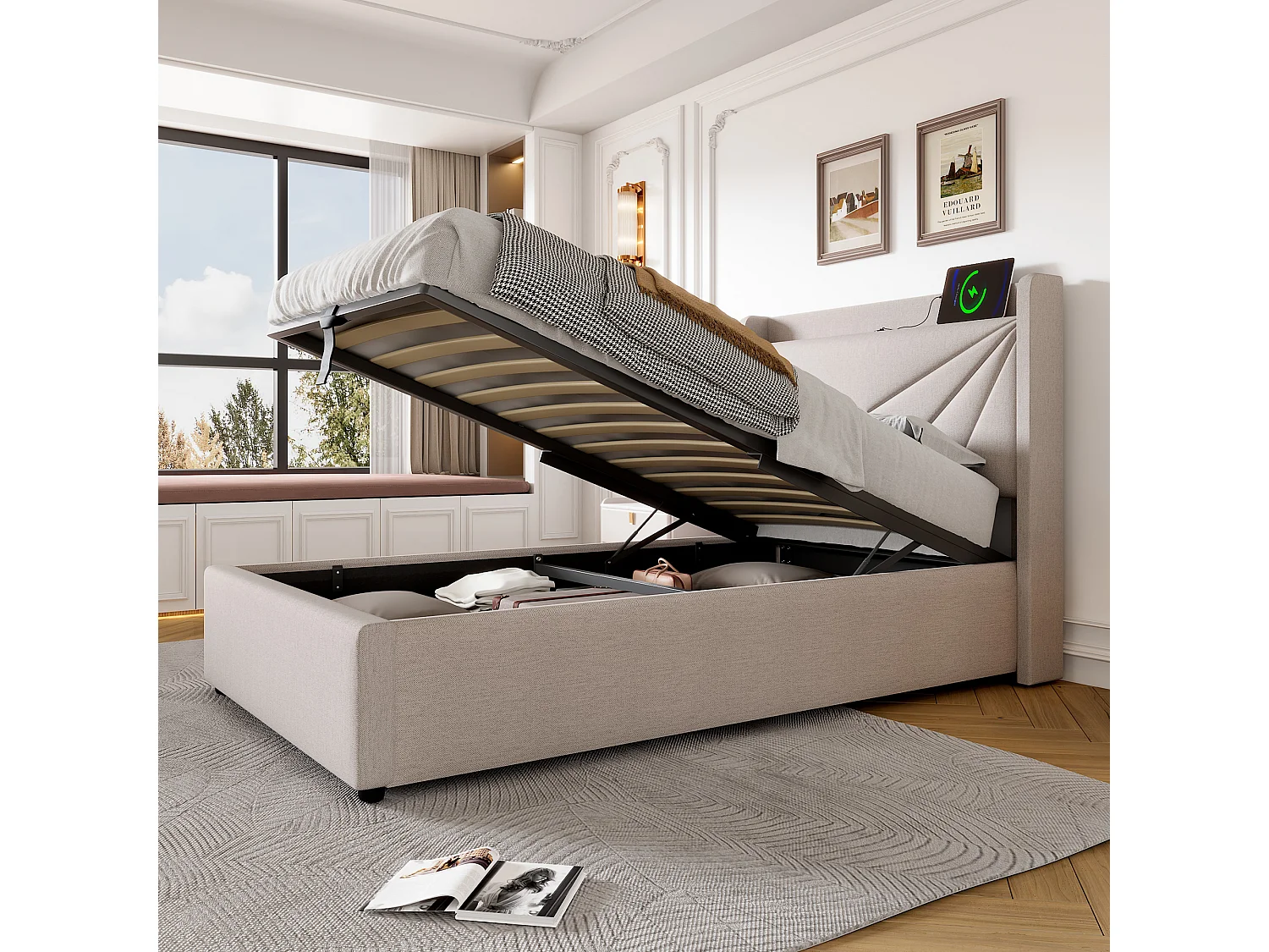Lit coffre 90x200 cm - lit double avec tête de lit avec chargement USB Type C - lin - beige - sans matelas